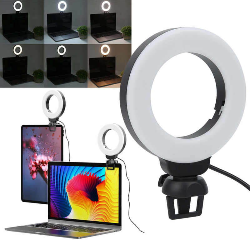 Video Conference 4 Inch Fill Light Computer Live Photography Light LED Selfie Light USB Powered round Camera Lamp Dimmable LED Ring Light with Phone Holder