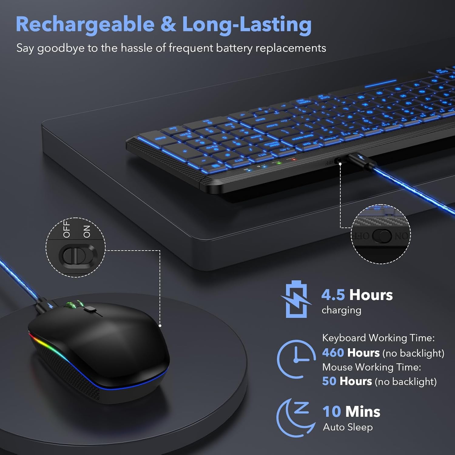 Wireless Keyboard and Mouse Bluetooth, Multi-Device Slim Portable Rechargeable B