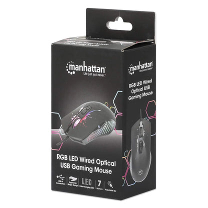 RGB LED Wired Optical USB Gaming Mouse, Seven Buttons with Scroll Wheel, 7200 DPI, LED Lighting, Black