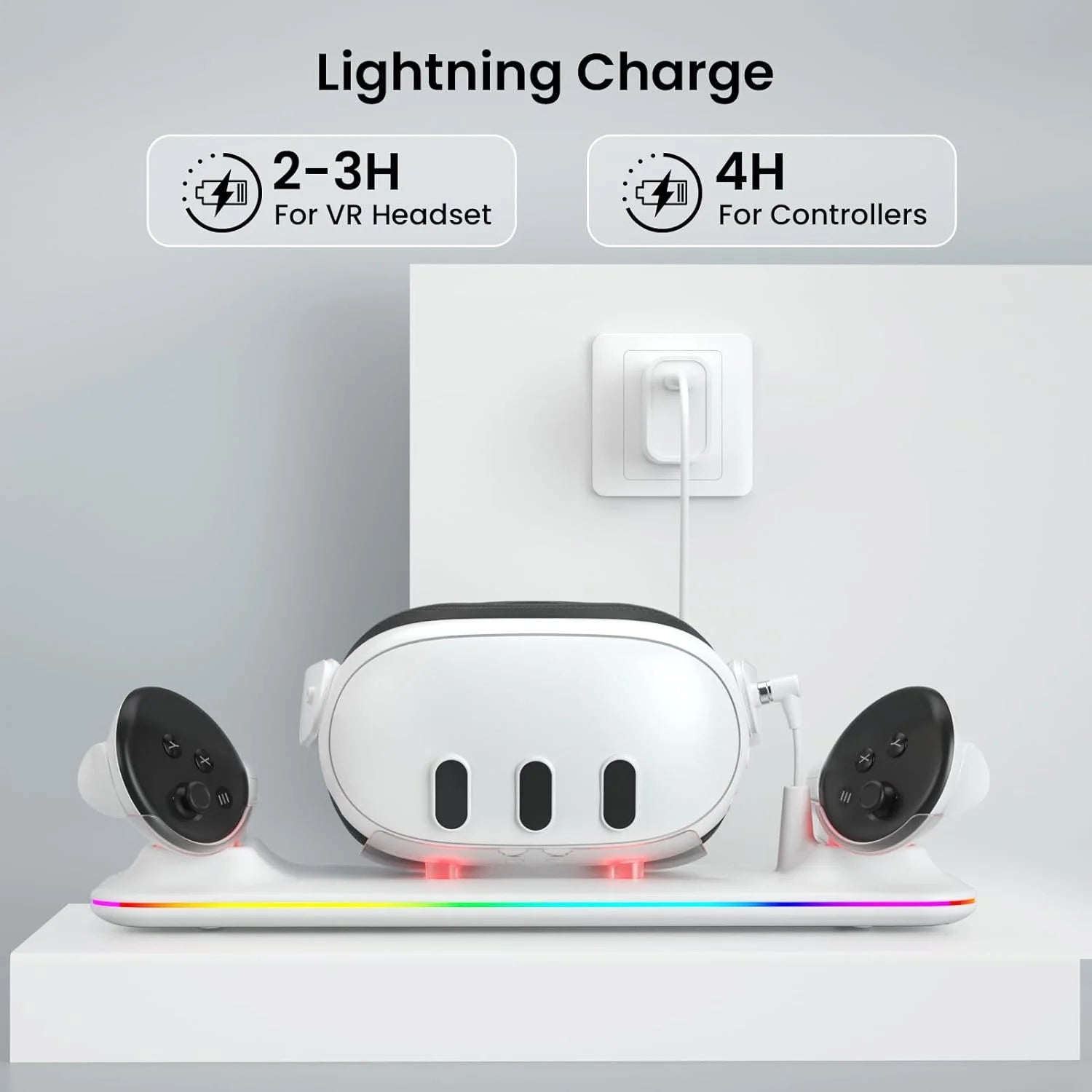 VR Charging Dock for Meta Quest 3, Fast Charging Station with Colorful RGB Light for Oculus Quest 3, Magnetic Charging Stand for VR Headset and Touch Controllers with 2 Rechargeable Batteries, White